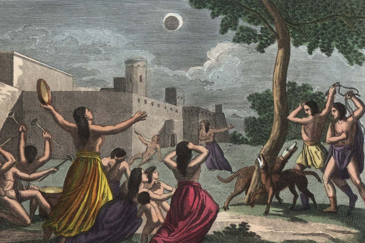 A drawing of people worshipping the sun during an eclipse